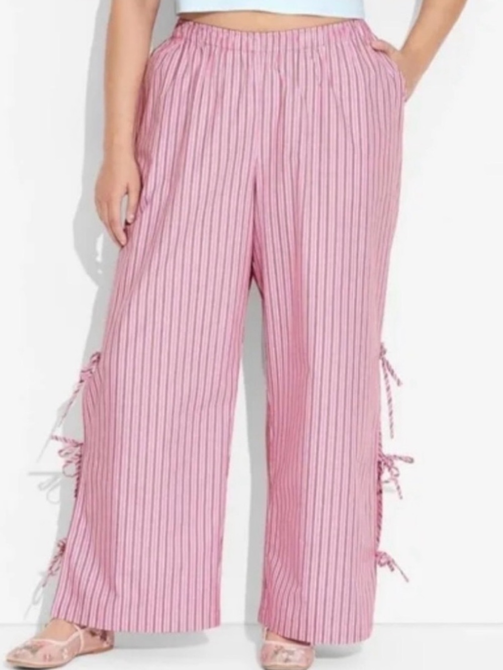 wild fable Pink Vertical-Stripe Wide Leg Tie-Detail Pants